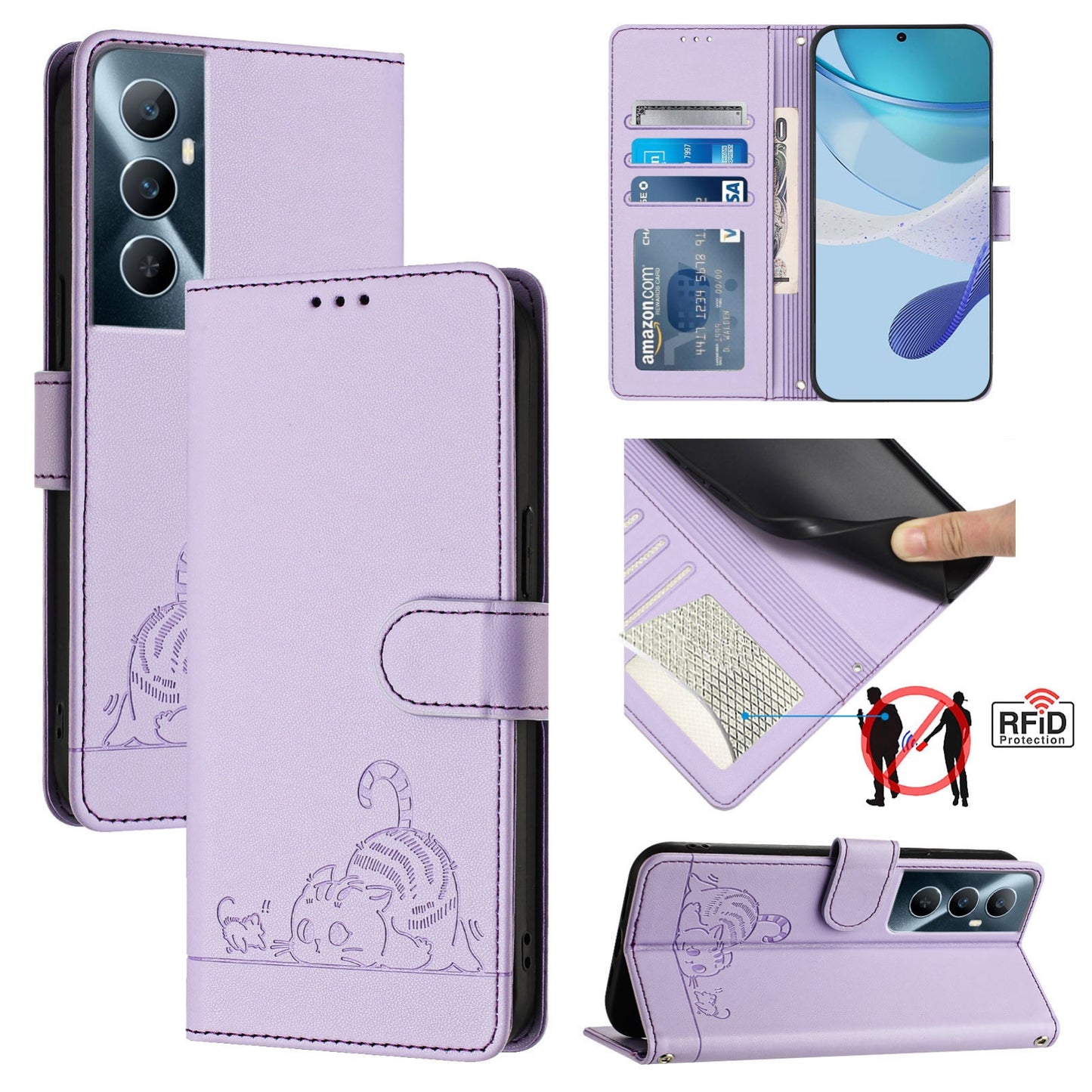 Realme C65 4G Global Cat and Mouse Embossed PU Leather RFID Case with Wallet Slots, Anti-Fall Protection, Kickstand, and Lanyard-buycases.co.uk