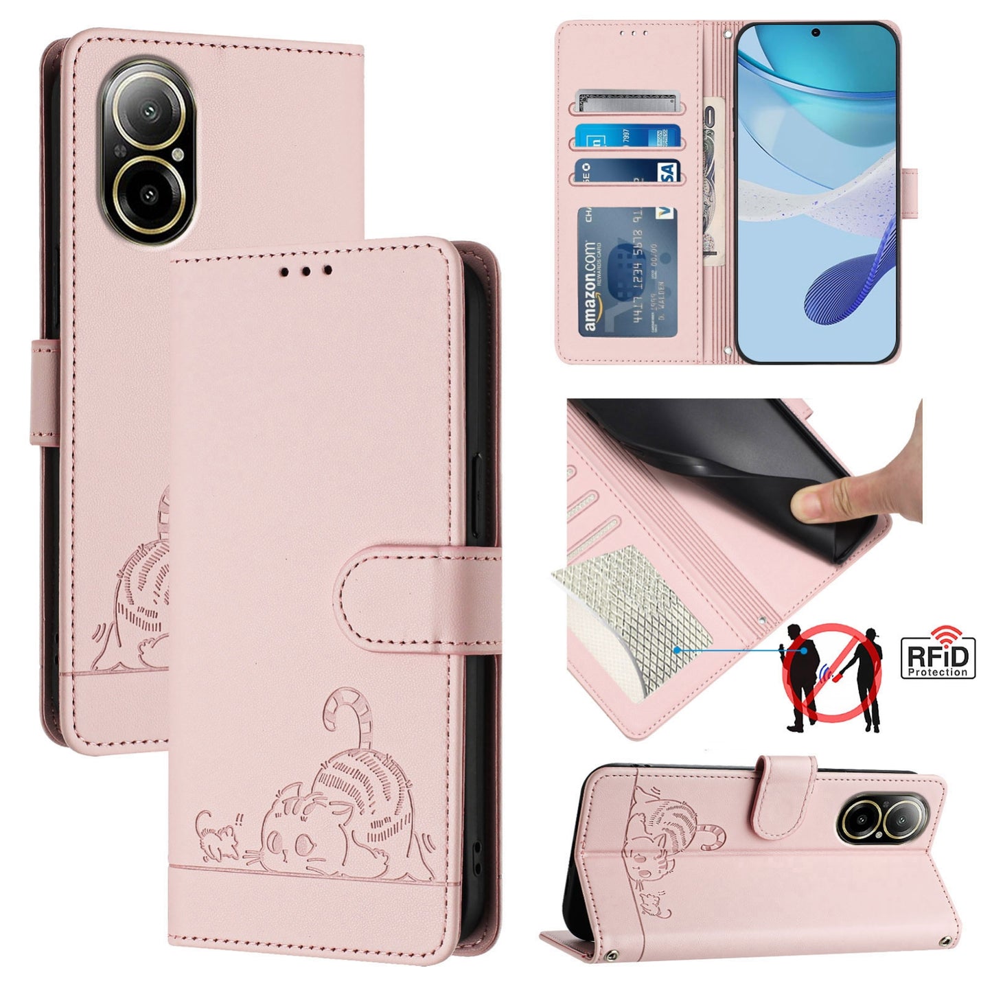 Realme C67 4G Global Cat and Mouse Embossed PU Leather RFID Case with Wallet Slots, Anti-Fall Protection, Kickstand, and Lanyard-buycases.co.uk