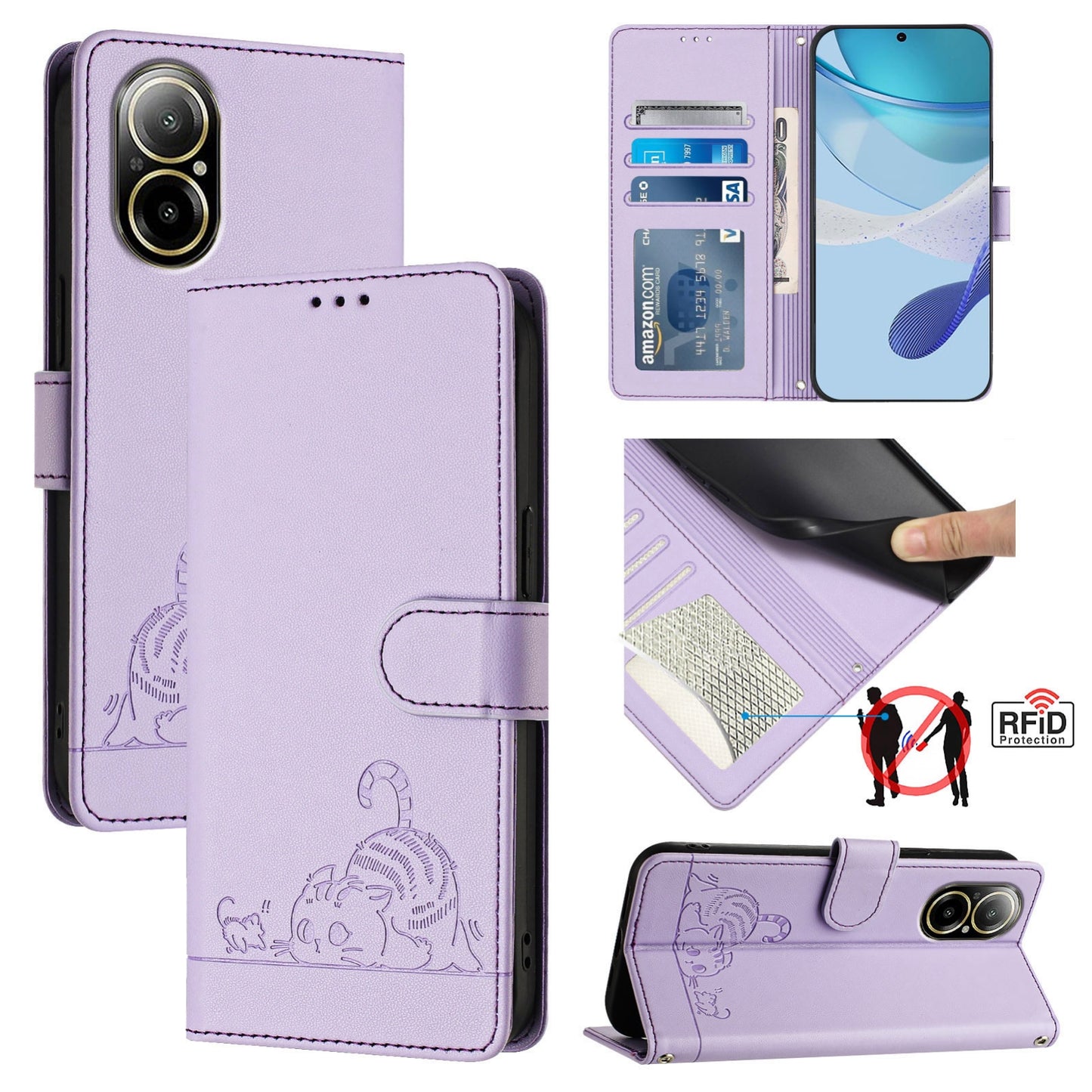 Realme C67 4G Global Cat and Mouse Embossed PU Leather RFID Case with Wallet Slots, Anti-Fall Protection, Kickstand, and Lanyard-buycases.co.uk