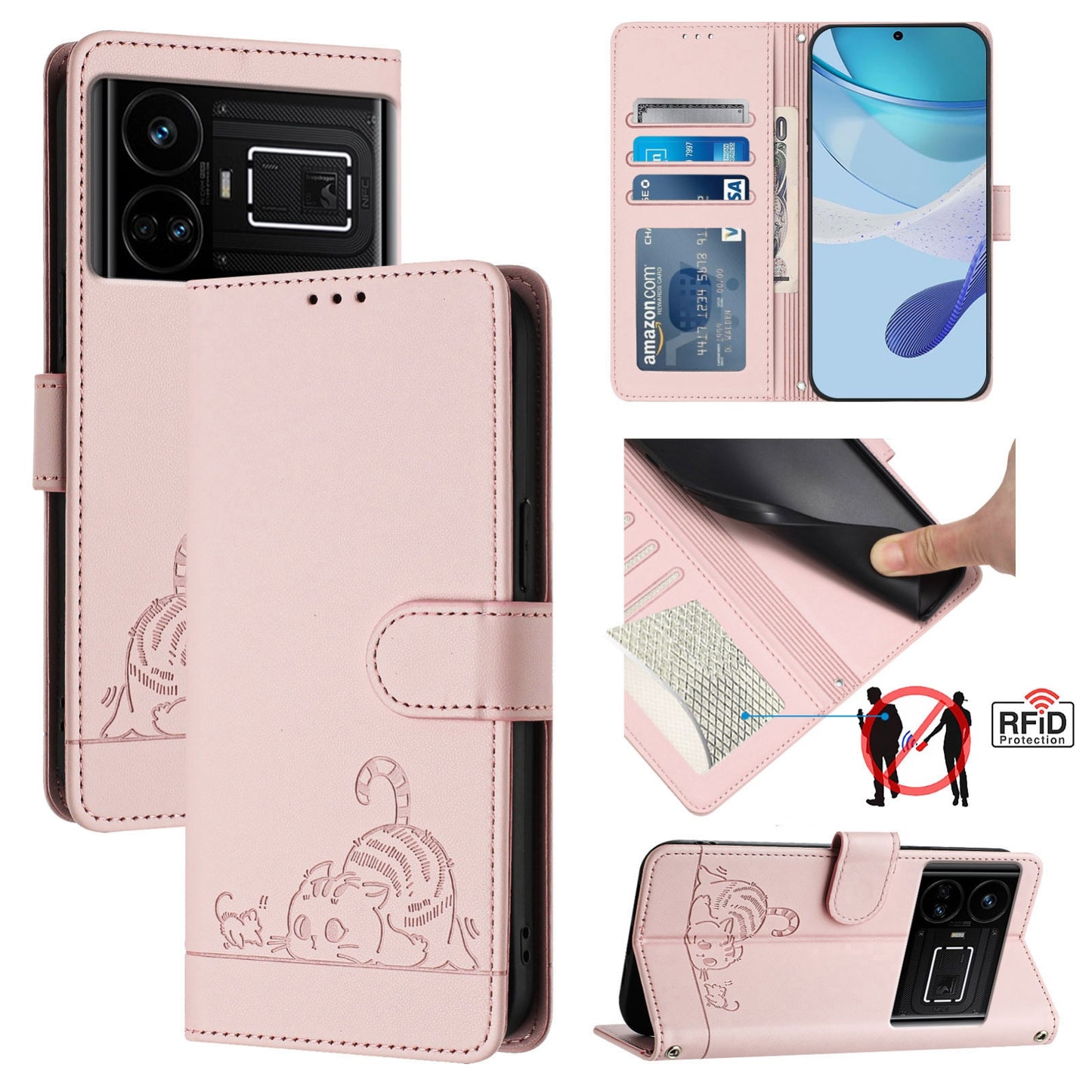 Realme GT 5G Cat and Mouse Embossed PU Leather RFID Case with Wallet Slots, Anti-Fall Protection, Kickstand, and Lanyard-buycases.co.uk