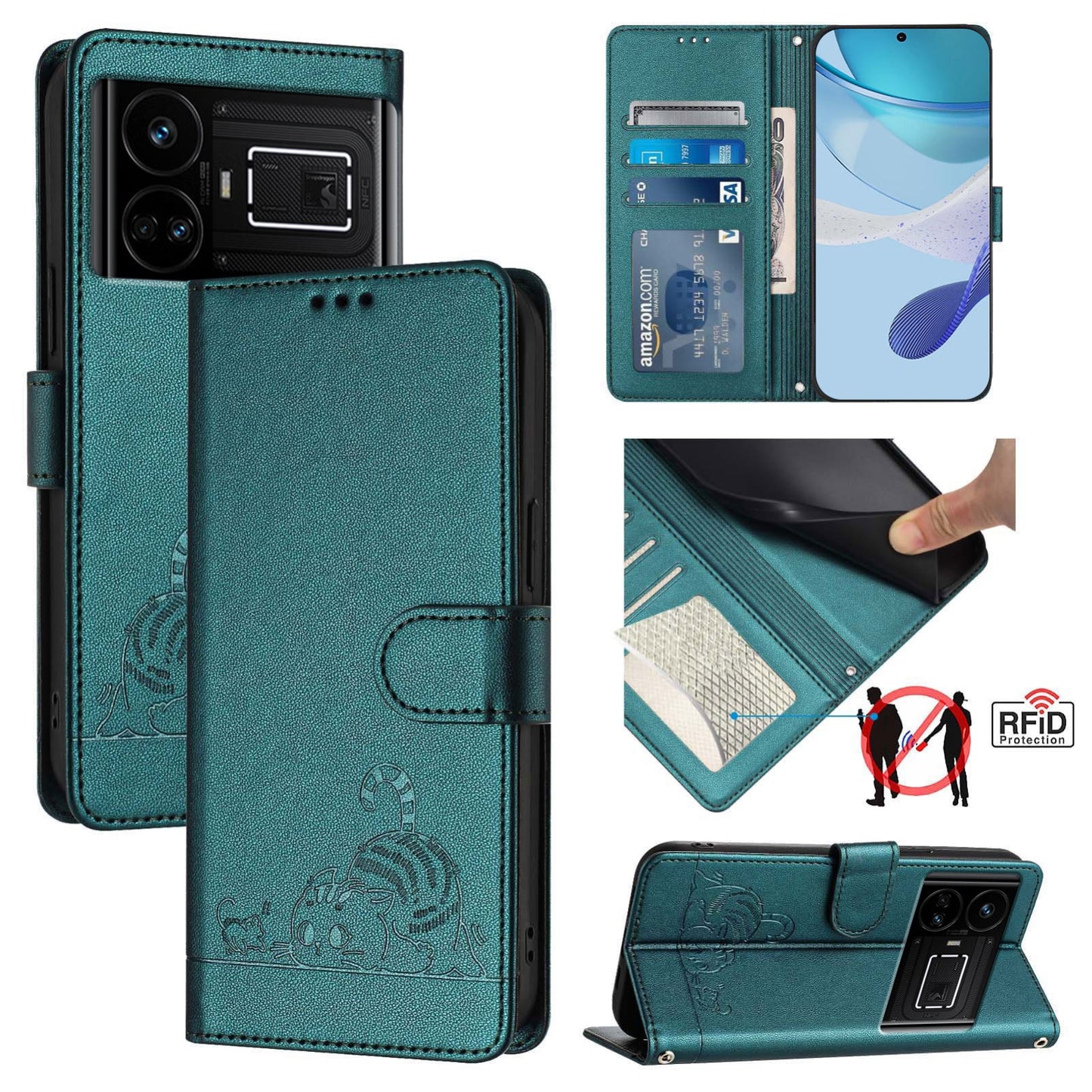 Realme GT 5G Cat and Mouse Embossed PU Leather RFID Case with Wallet Slots, Anti-Fall Protection, Kickstand, and Lanyard-buycases.co.uk