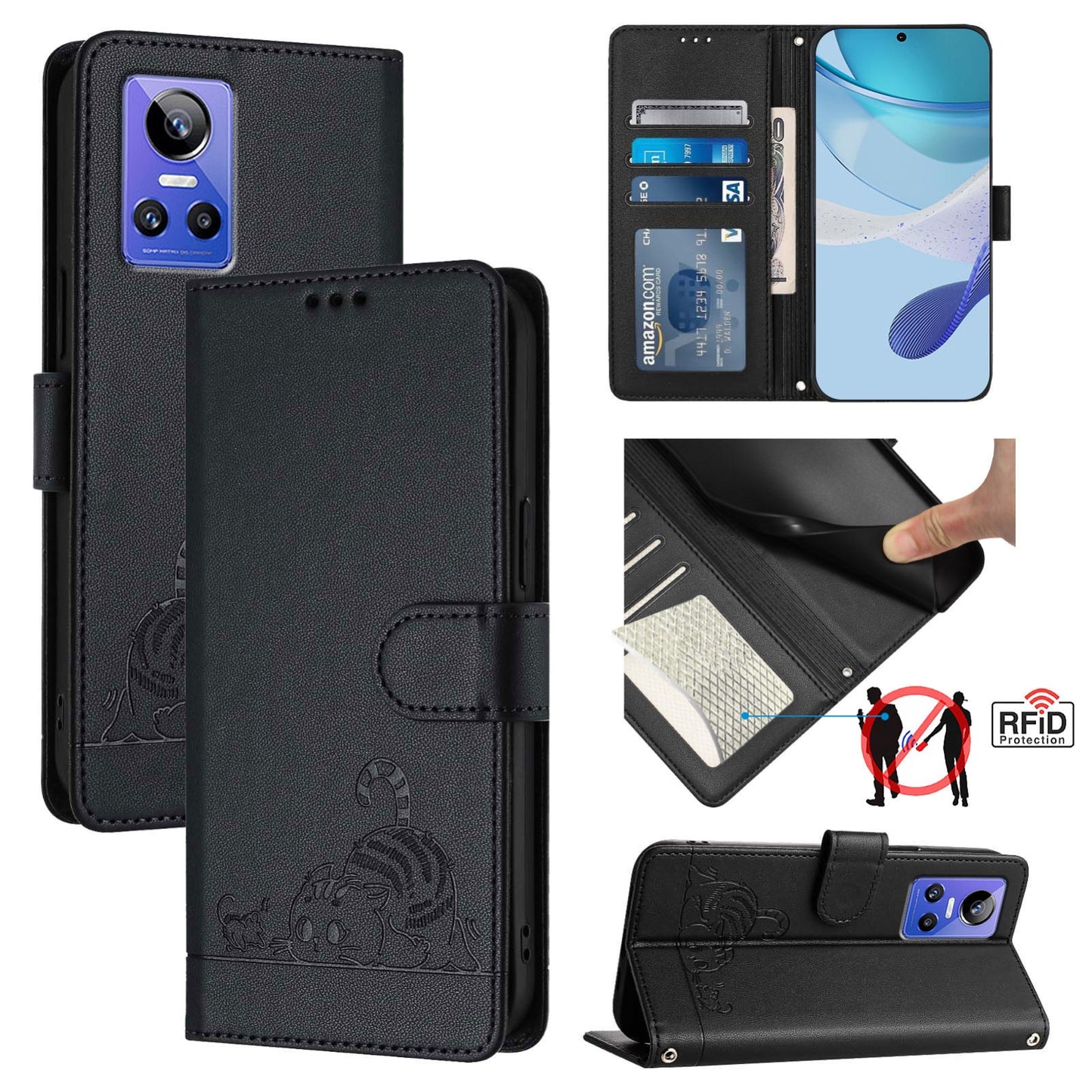 Realme GT NEO3 Cat and Mouse Embossed PU Leather RFID Case with Wallet Slots, Anti-Fall Protection, Kickstand, and Lanyard-buycases.co.uk