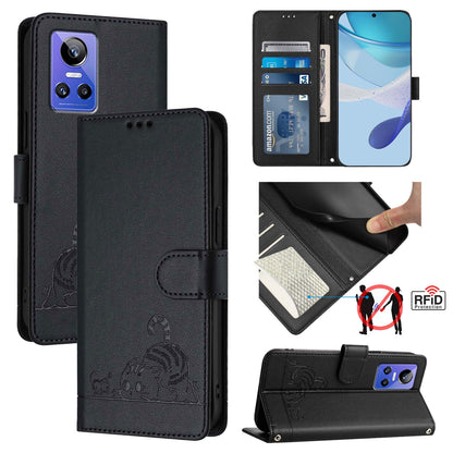 Realme GT NEO3 Cat and Mouse Embossed PU Leather RFID Case with Wallet Slots, Anti-Fall Protection, Kickstand, and Lanyard-buycases.co.uk