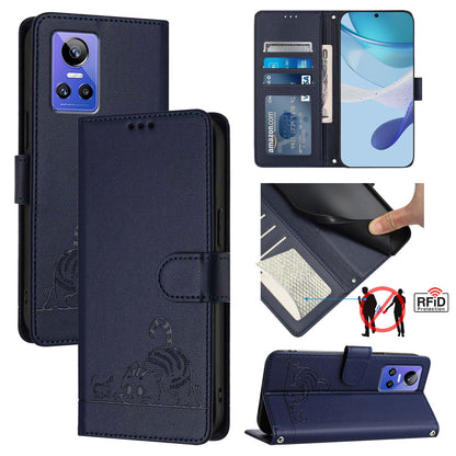 Realme GT NEO3 Cat and Mouse Embossed PU Leather RFID Case with Wallet Slots, Anti-Fall Protection, Kickstand, and Lanyard-buycases.co.uk