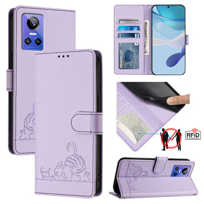 Realme GT NEO3 Cat and Mouse Embossed PU Leather RFID Case with Wallet Slots, Anti-Fall Protection, Kickstand, and Lanyard-buycases.co.uk