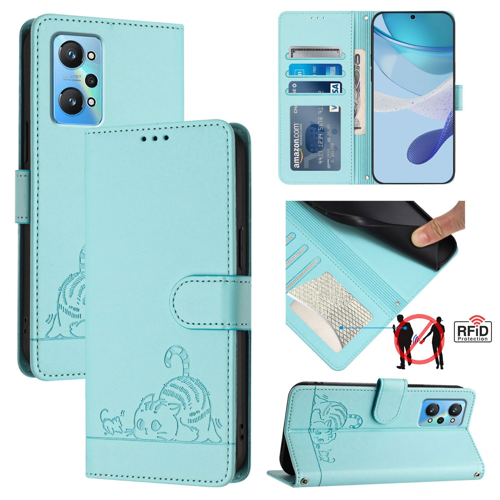 Realme GT NEO 3T Cat and Mouse Embossed PU Leather RFID Case with Wallet Slots, Anti-Fall Protection, Kickstand, and Lanyard-buycases.co.uk