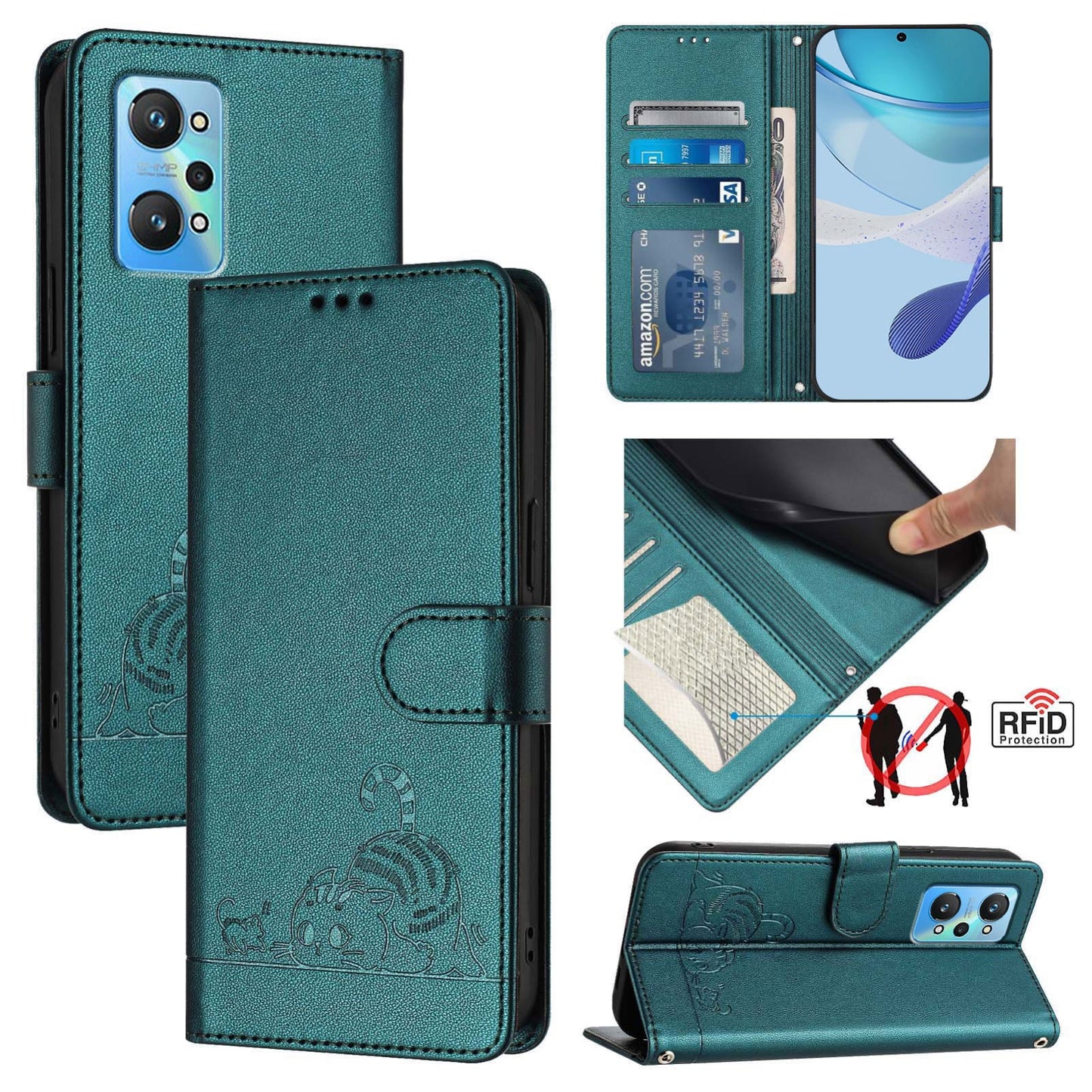 Realme GT NEO 3T Cat and Mouse Embossed PU Leather RFID Case with Wallet Slots, Anti-Fall Protection, Kickstand, and Lanyard-buycases.co.uk