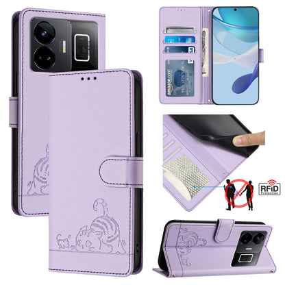 Realme GT3 5G Cat and Mouse Embossed PU Leather RFID Case with Wallet Slots, Anti-Fall Protection, Kickstand, and Lanyard-buycases.co.uk