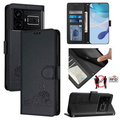 Realme GT5 5G 240W Cat and Mouse Embossed PU Leather RFID Case with Wallet Slots, Anti-Fall Protection, Kickstand, and Lanyard-buycases.co.uk
