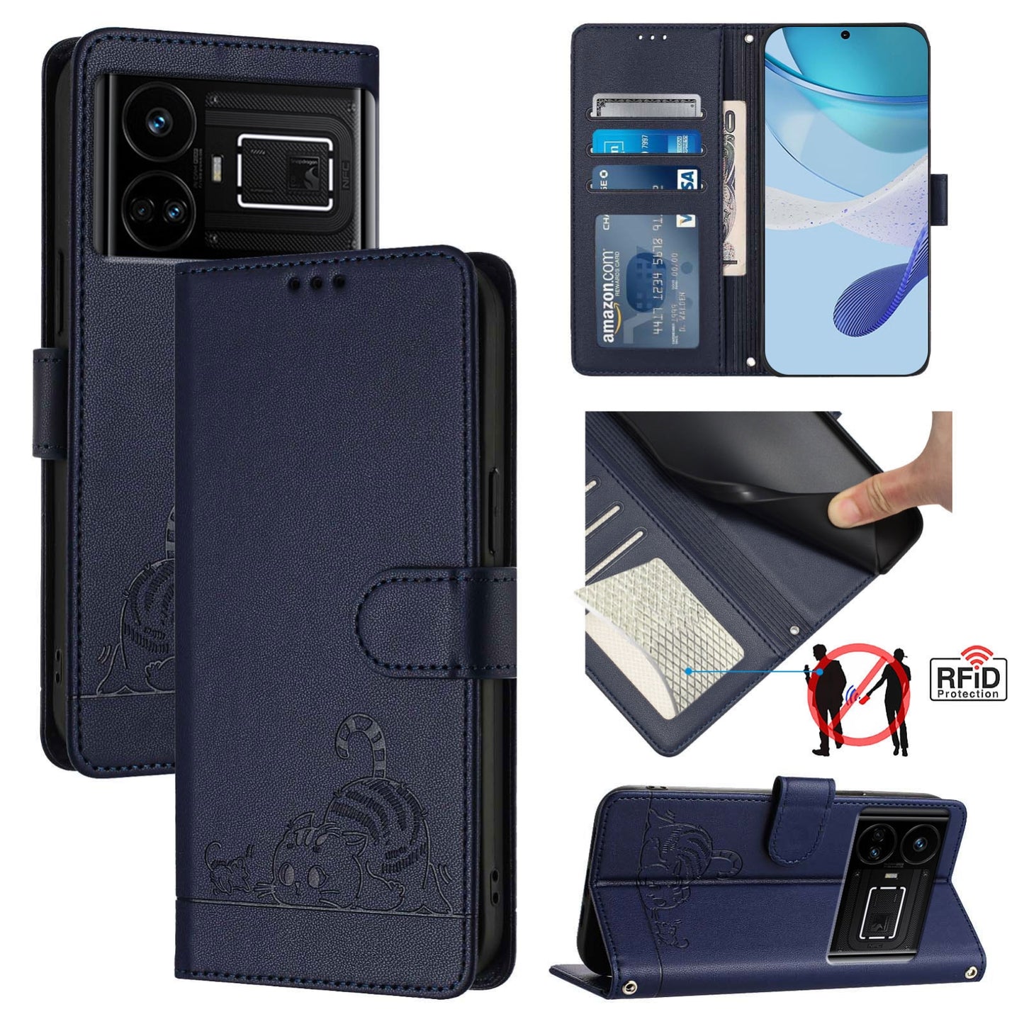 Realme GT5 5G 240W Cat and Mouse Embossed PU Leather RFID Case with Wallet Slots, Anti-Fall Protection, Kickstand, and Lanyard-buycases.co.uk