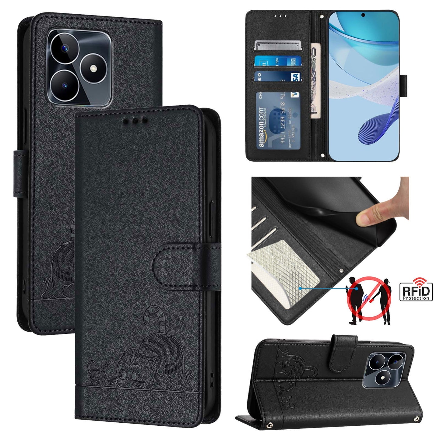 Realme Note 50 4G Global Cat and Mouse Embossed PU Leather RFID Case with Wallet Slots, Anti-Fall Protection, Kickstand, and Lanyard-buycases.co.uk