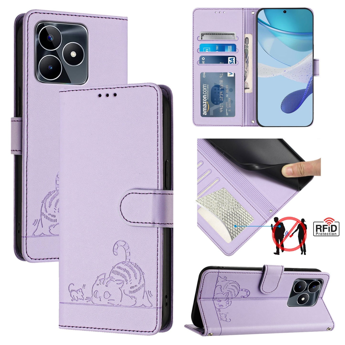 Realme C53 4G Global Cat and Mouse Embossed PU Leather RFID Case with Wallet Slots, Anti-Fall Protection, Kickstand, and Lanyard-buycases.co.uk
