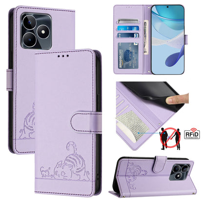Realme Narzo N53 4G Global Cat and Mouse Embossed PU Leather RFID Case with Wallet Slots, Anti-Fall Protection, Kickstand, and Lanyard-buycases.co.uk