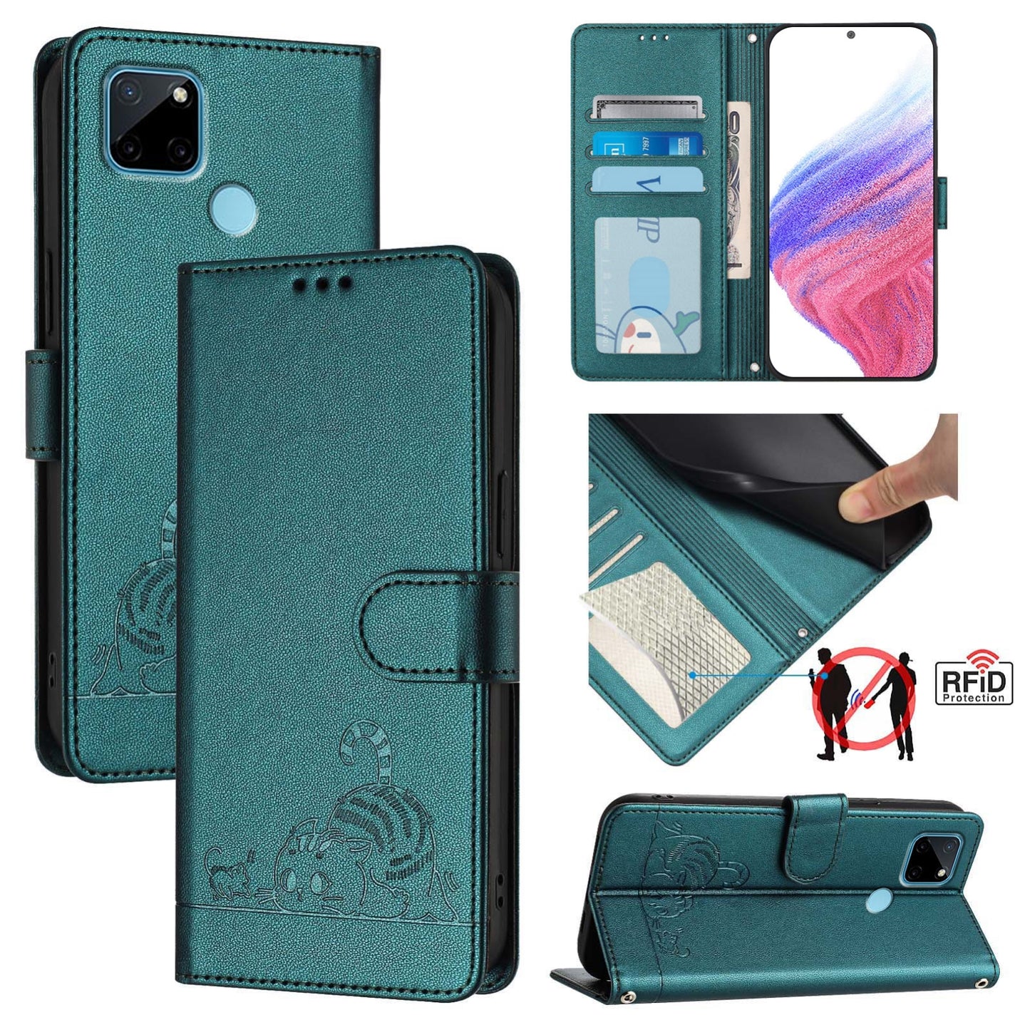Realme C21Y Cat and Mouse Embossed PU Leather RFID Case with Wallet Slots, Anti-Fall Protection, Kickstand, and Lanyard-buycases.co.uk