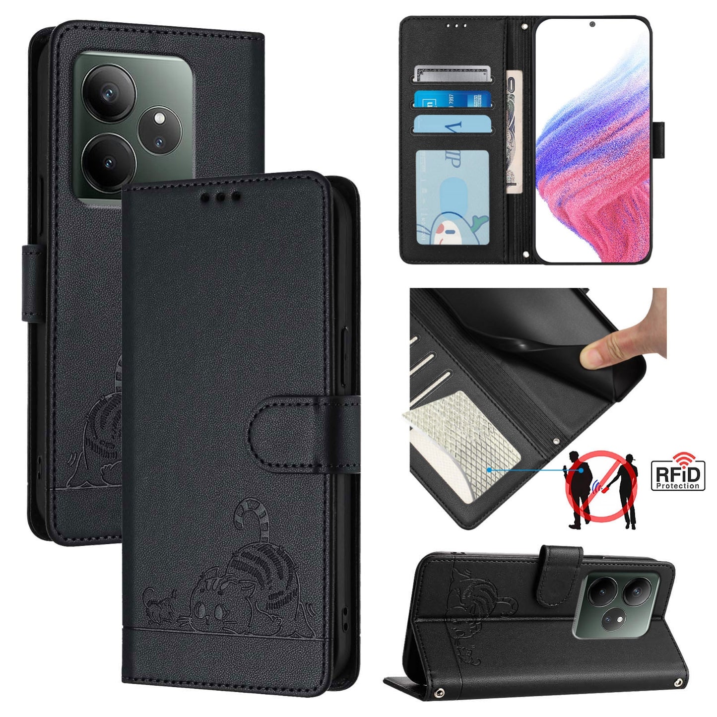 Realme GT 6 5G Global Cat and Mouse Embossed PU Leather RFID Case with Wallet Slots, Anti-Fall Protection, Kickstand, and Lanyard-buycases.co.uk