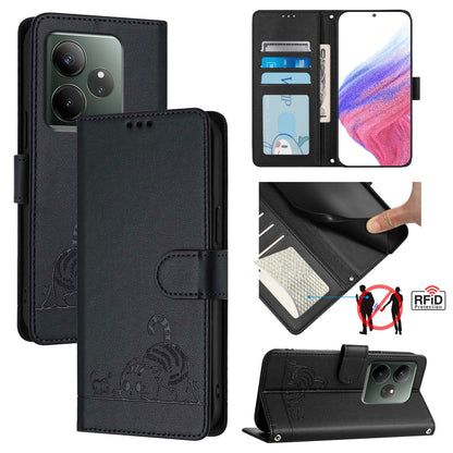 Realme GT 6 5G Global Cat and Mouse Embossed PU Leather RFID Case with Wallet Slots, Anti-Fall Protection, Kickstand, and Lanyard-buycases.co.uk