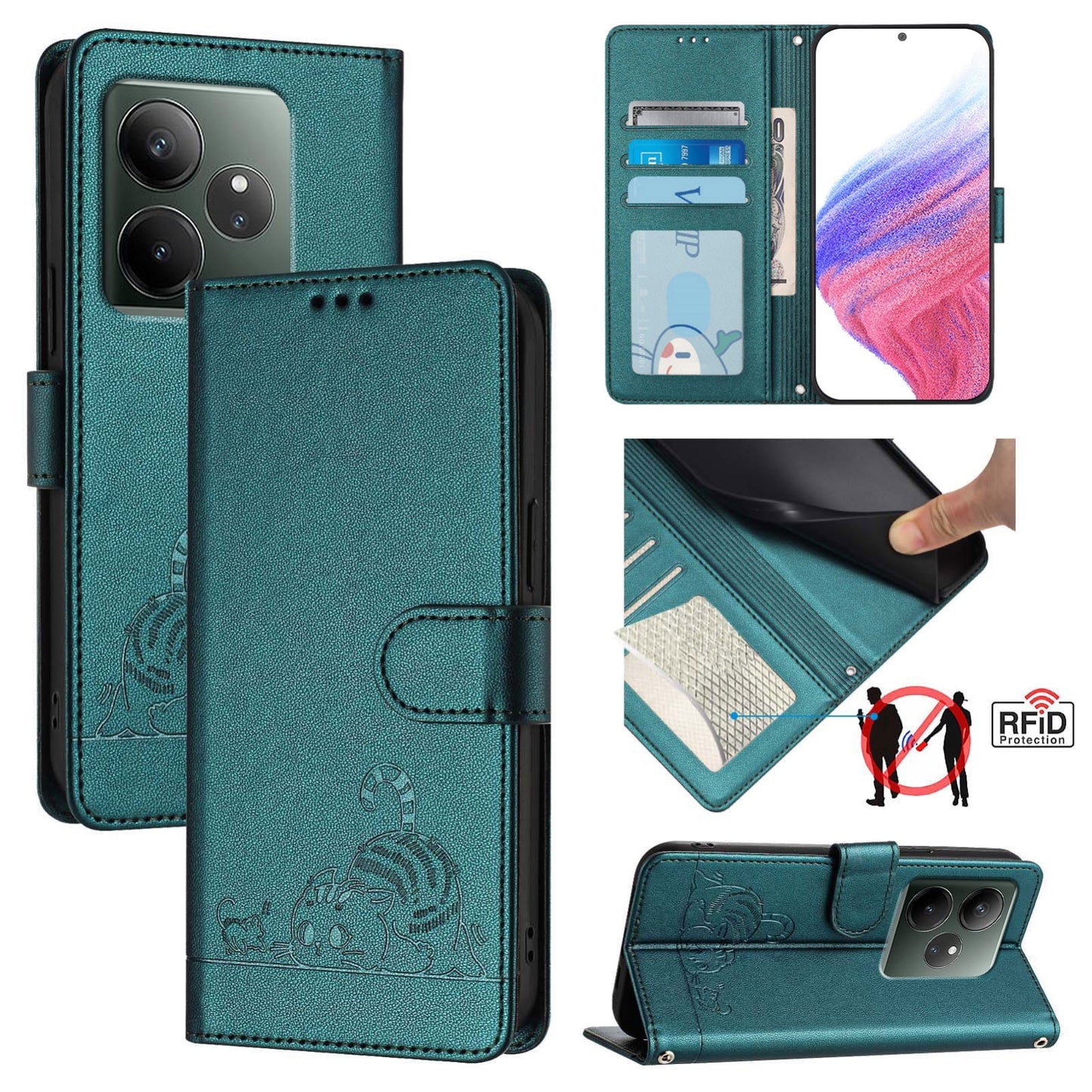 Realme GT 6 5G Global Cat and Mouse Embossed PU Leather RFID Case with Wallet Slots, Anti-Fall Protection, Kickstand, and Lanyard-buycases.co.uk