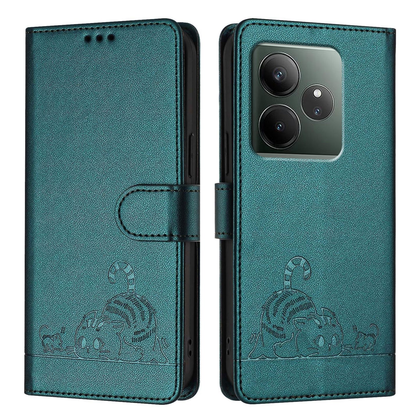 Realme GT 6 5G Global Cat and Mouse Embossed PU Leather RFID Case with Wallet Slots, Anti-Fall Protection, Kickstand, and Lanyard-buycases.co.uk