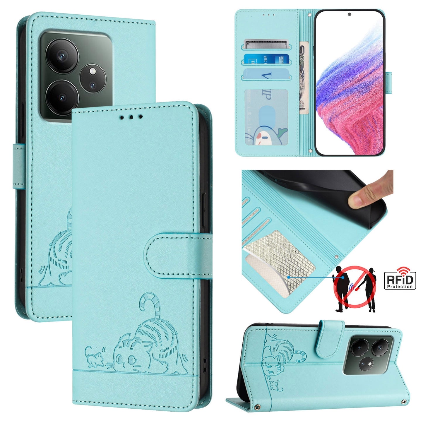 Realme GT 6T 5G Global Cat and Mouse Embossed PU Leather RFID Case with Wallet Slots, Anti-Fall Protection, Kickstand, and Lanyard-buycases.co.uk