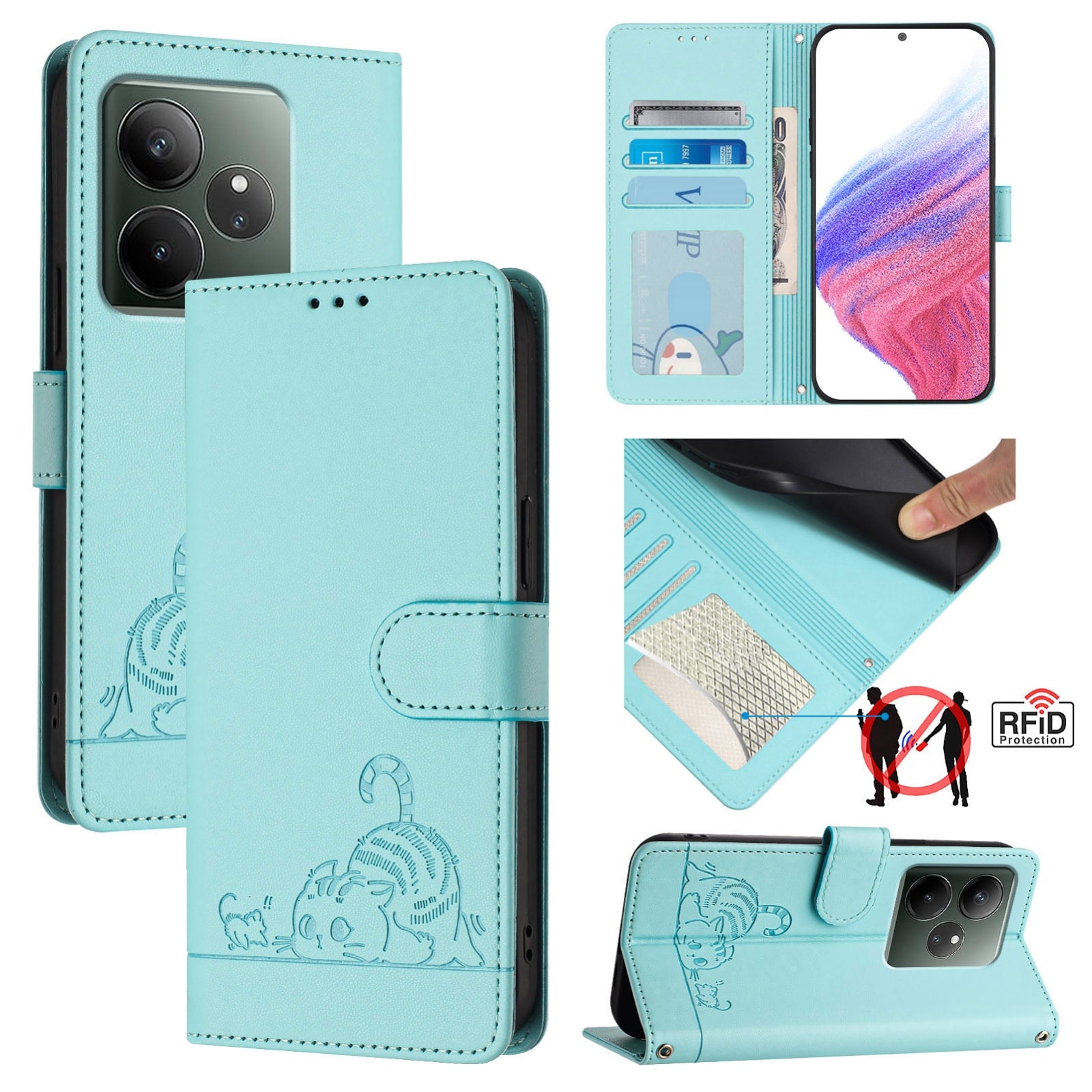Realme GT 6T 5G Global Cat and Mouse Embossed PU Leather RFID Case with Wallet Slots, Anti-Fall Protection, Kickstand, and Lanyard-buycases.co.uk