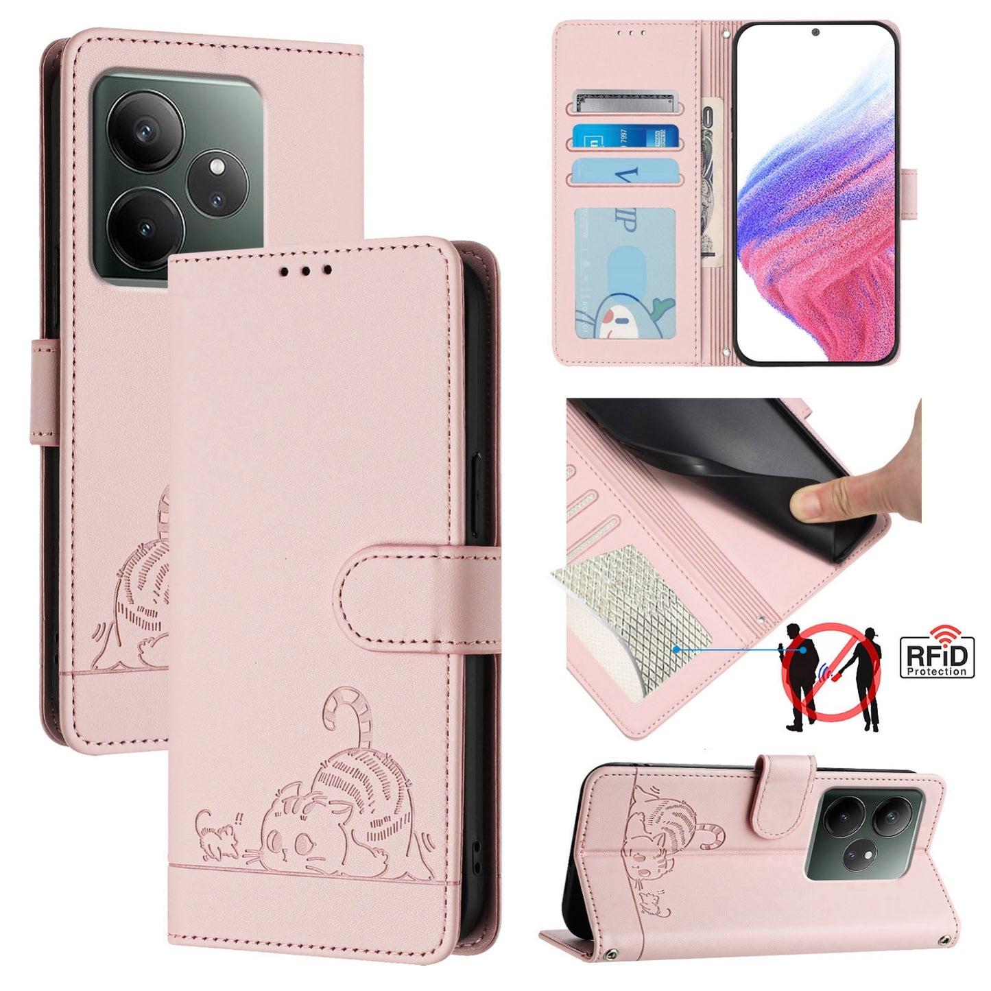 Realme GT 6T 5G Global Cat and Mouse Embossed PU Leather RFID Case with Wallet Slots, Anti-Fall Protection, Kickstand, and Lanyard-buycases.co.uk