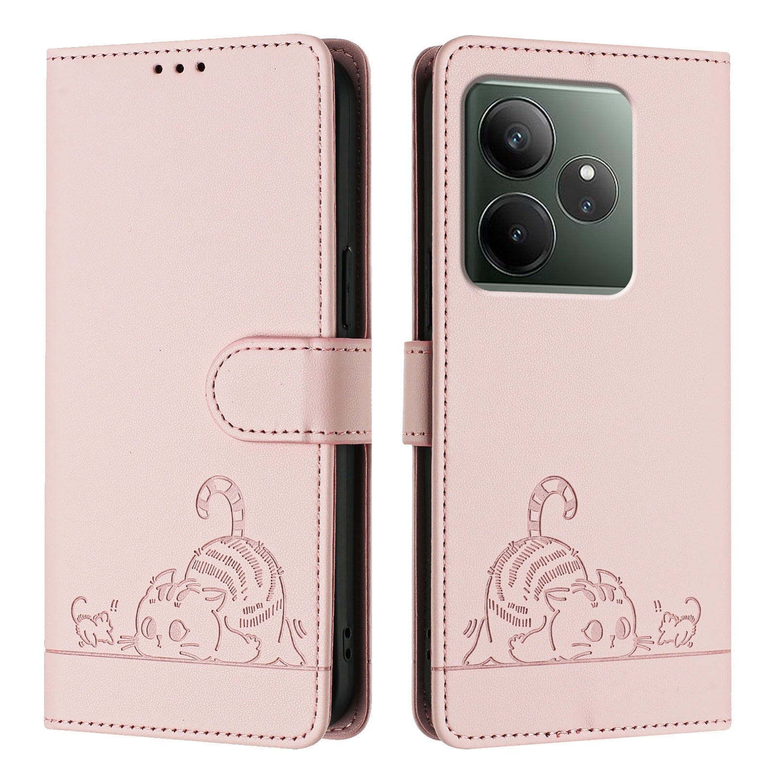 Realme GT 6T 5G Global Cat and Mouse Embossed PU Leather RFID Case with Wallet Slots, Anti-Fall Protection, Kickstand, and Lanyard-buycases.co.uk