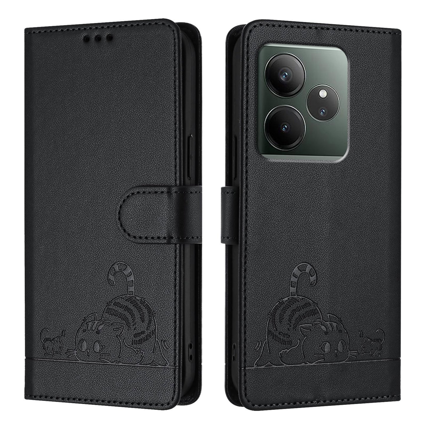 Realme GT 6T 5G Global Cat and Mouse Embossed PU Leather RFID Case with Wallet Slots, Anti-Fall Protection, Kickstand, and Lanyard-buycases.co.uk