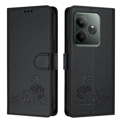 Realme GT 6T 5G Global Cat and Mouse Embossed PU Leather RFID Case with Wallet Slots, Anti-Fall Protection, Kickstand, and Lanyard-buycases.co.uk