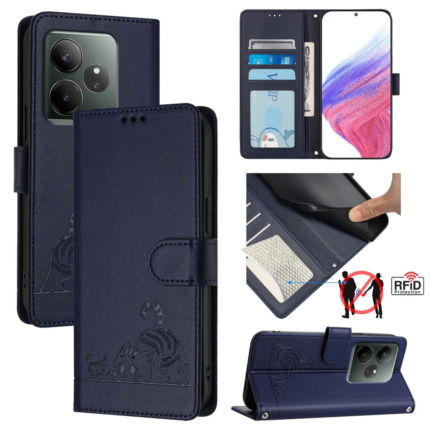 Realme GT 6T 5G Global Cat and Mouse Embossed PU Leather RFID Case with Wallet Slots, Anti-Fall Protection, Kickstand, and Lanyard-buycases.co.uk