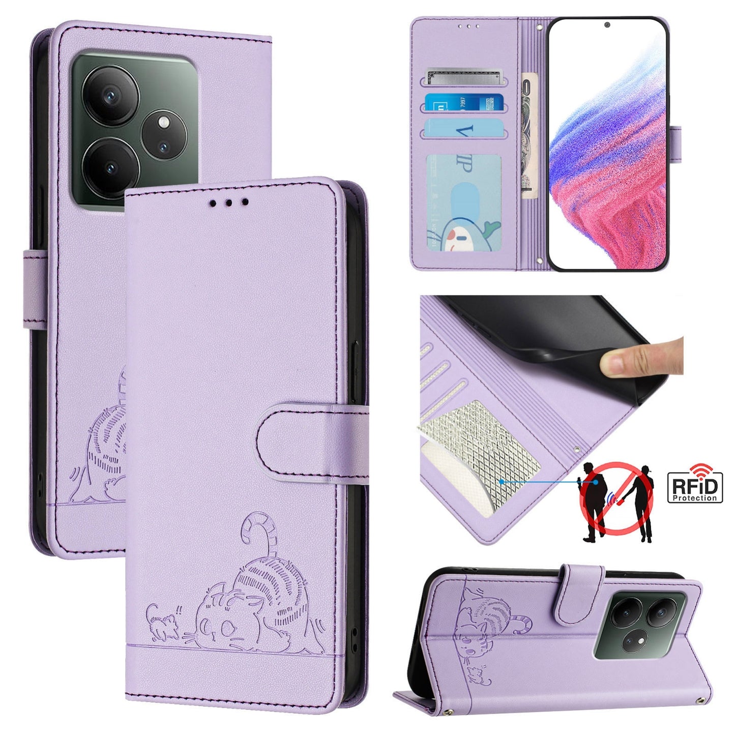 Realme GT 6T 5G Global Cat and Mouse Embossed PU Leather RFID Case with Wallet Slots, Anti-Fall Protection, Kickstand, and Lanyard-buycases.co.uk