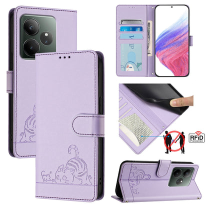 Realme GT 6T 5G Global Cat and Mouse Embossed PU Leather RFID Case with Wallet Slots, Anti-Fall Protection, Kickstand, and Lanyard-buycases.co.uk