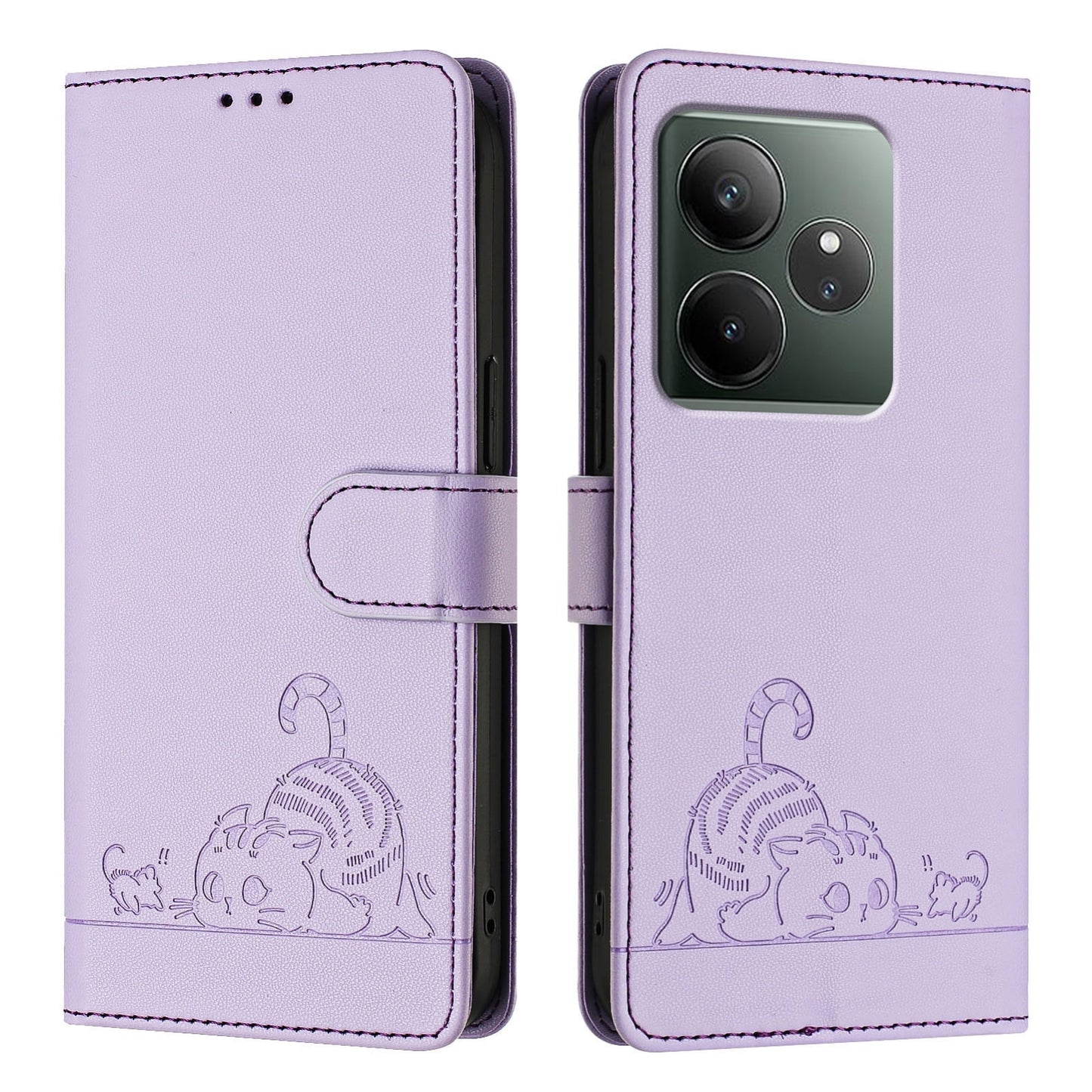 Realme GT 6T 5G Global Cat and Mouse Embossed PU Leather RFID Case with Wallet Slots, Anti-Fall Protection, Kickstand, and Lanyard-buycases.co.uk