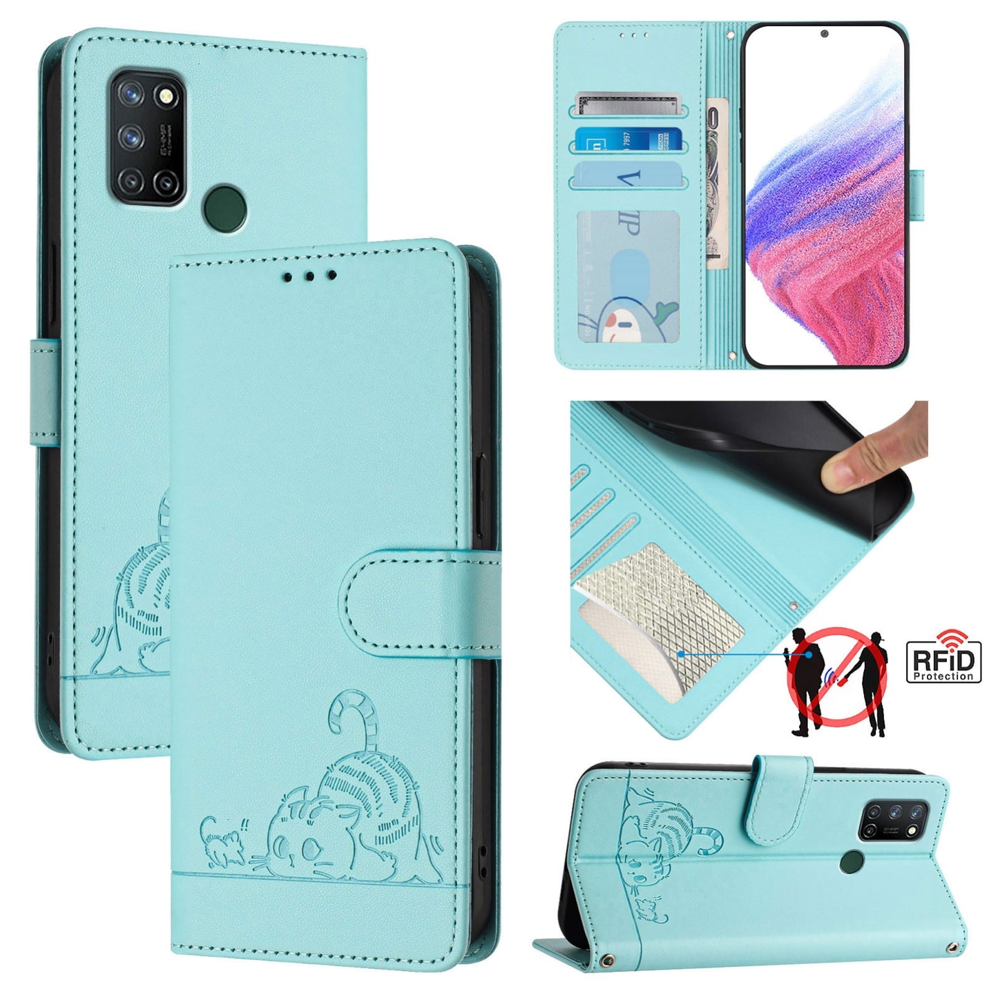 Realme 7i Cat and Mouse Embossed PU Leather RFID Case with Wallet Slots, Anti-Fall Protection, Kickstand, and Lanyard-buycases.co.uk