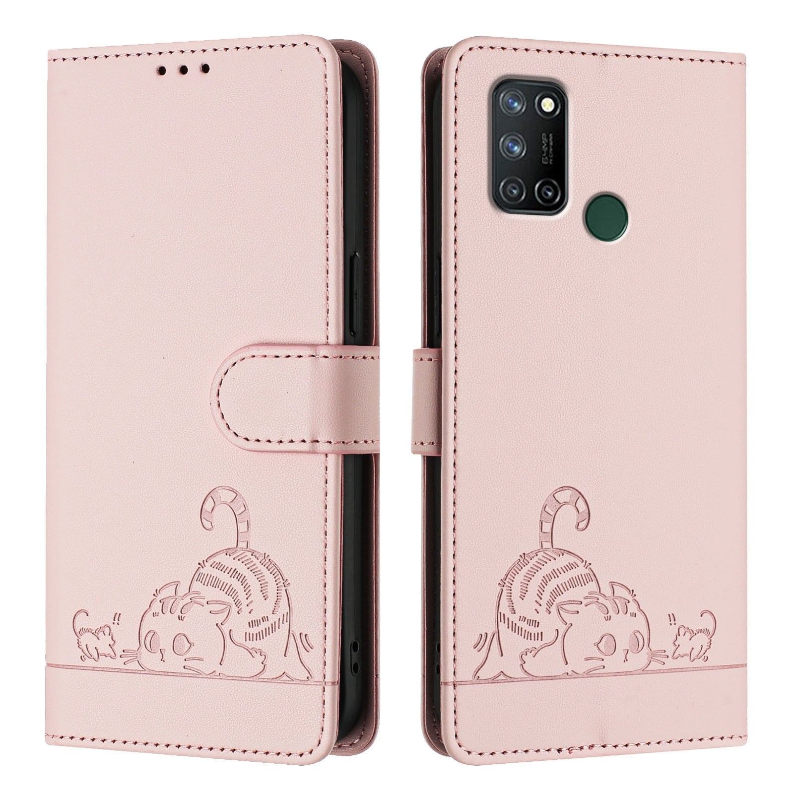Realme C17 Cat and Mouse Embossed PU Leather RFID Case with Wallet Slots, Anti-Fall Protection, Kickstand, and Lanyard-buycases.co.uk