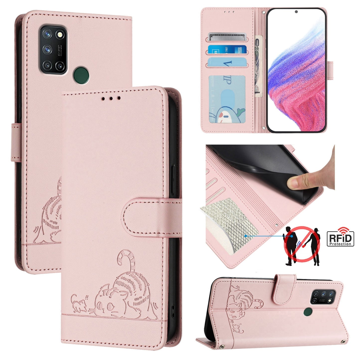Realme 7i Cat and Mouse Embossed PU Leather RFID Case with Wallet Slots, Anti-Fall Protection, Kickstand, and Lanyard-buycases.co.uk