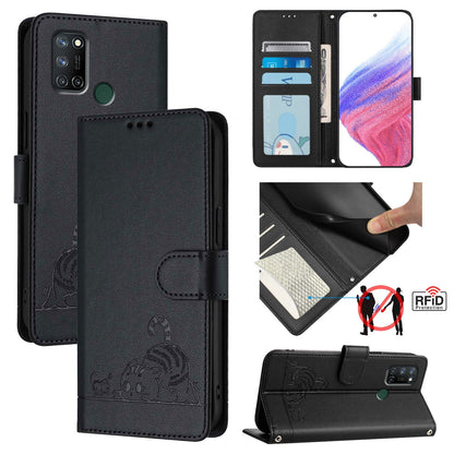 Realme C17 Cat and Mouse Embossed PU Leather RFID Case with Wallet Slots, Anti-Fall Protection, Kickstand, and Lanyard-buycases.co.uk