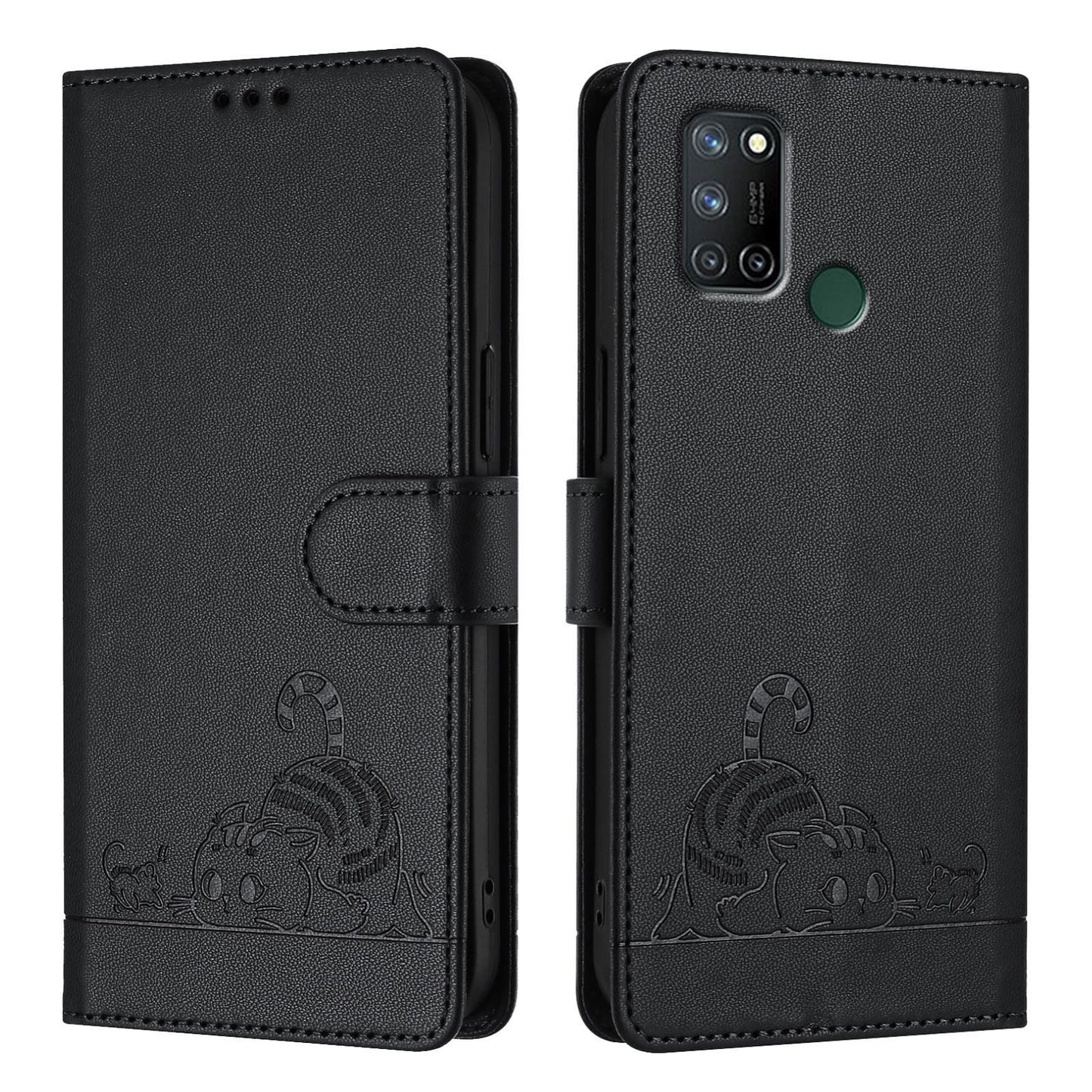 Realme C17 Cat and Mouse Embossed PU Leather RFID Case with Wallet Slots, Anti-Fall Protection, Kickstand, and Lanyard-buycases.co.uk