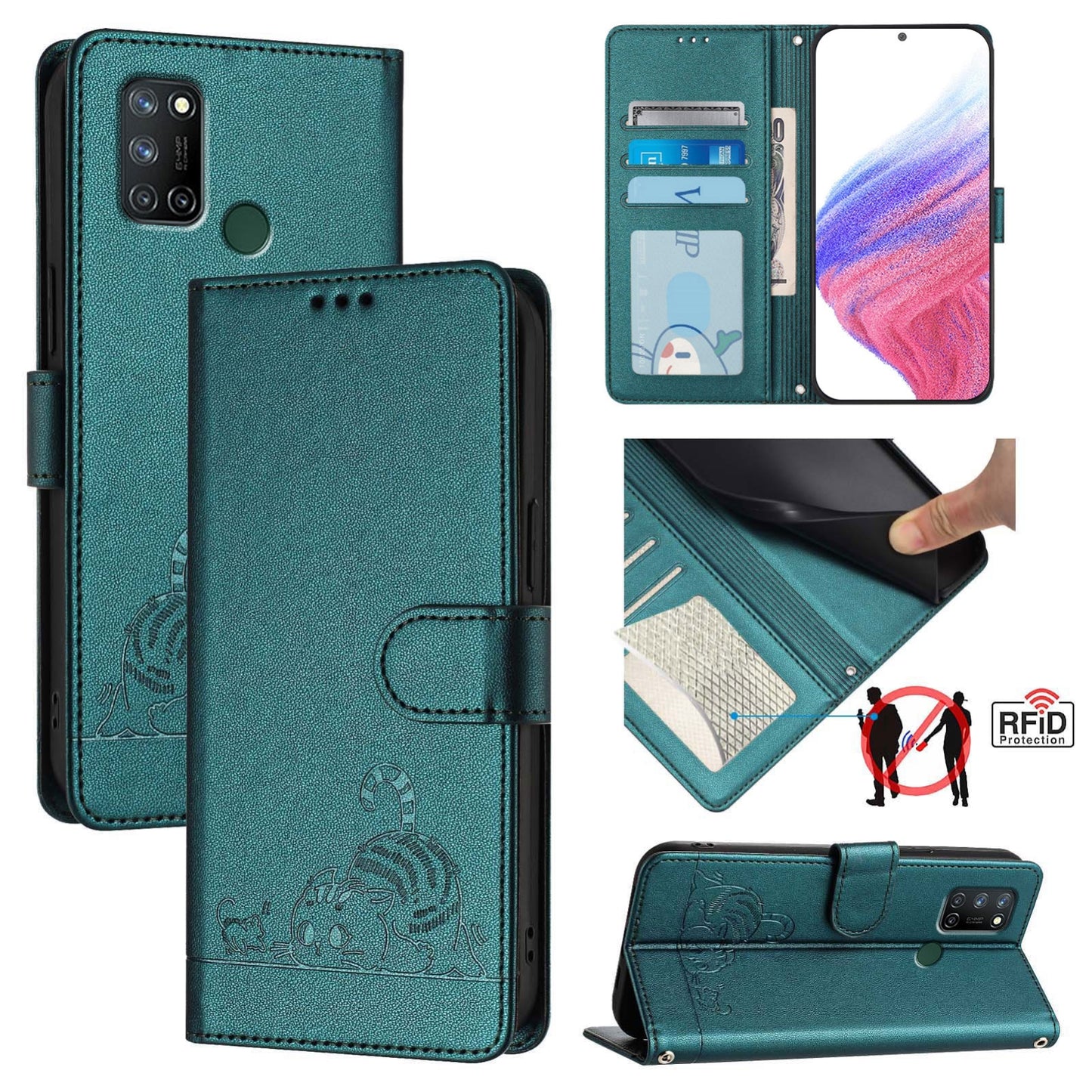 Realme C17 Cat and Mouse Embossed PU Leather RFID Case with Wallet Slots, Anti-Fall Protection, Kickstand, and Lanyard-buycases.co.uk