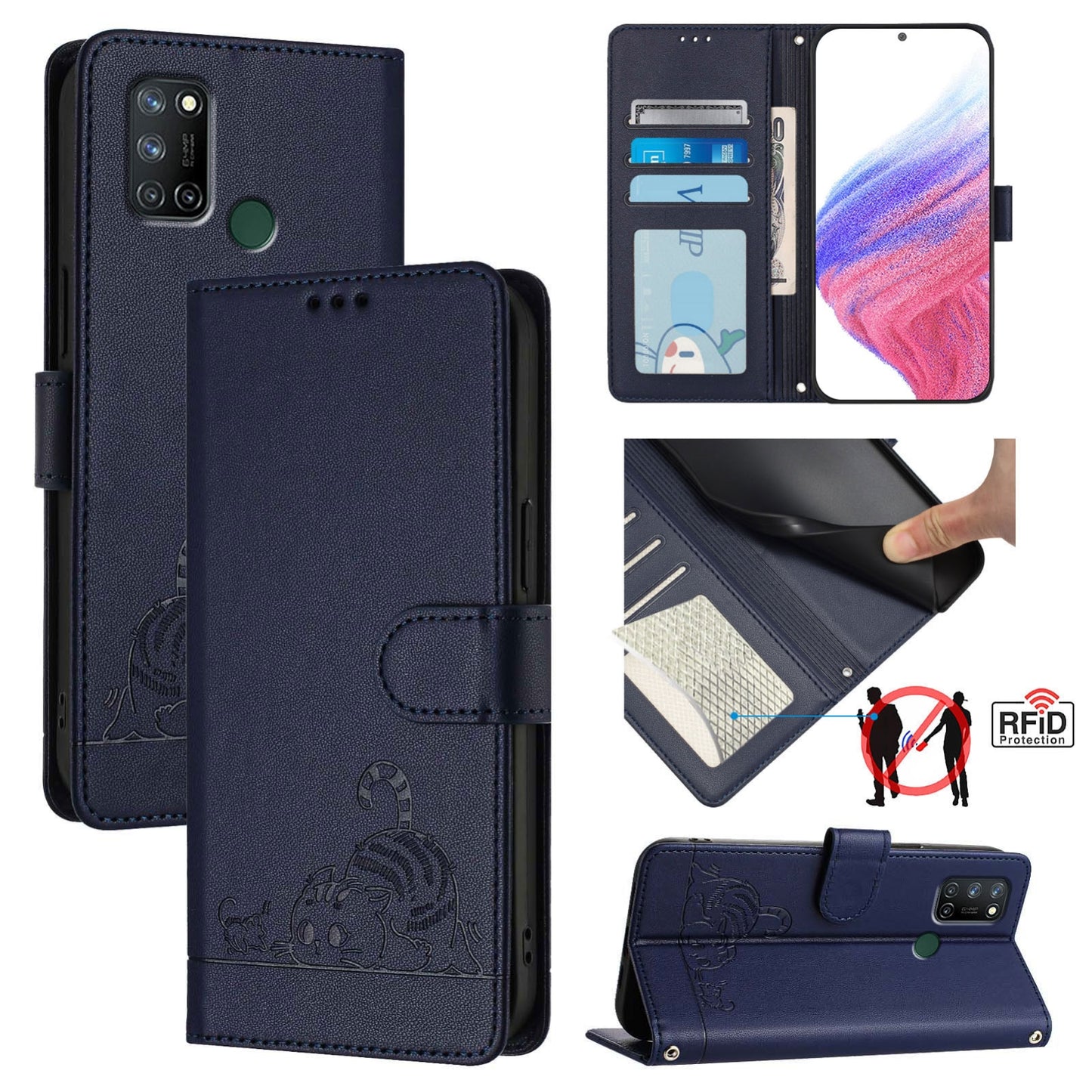 Realme 7i Cat and Mouse Embossed PU Leather RFID Case with Wallet Slots, Anti-Fall Protection, Kickstand, and Lanyard-buycases.co.uk