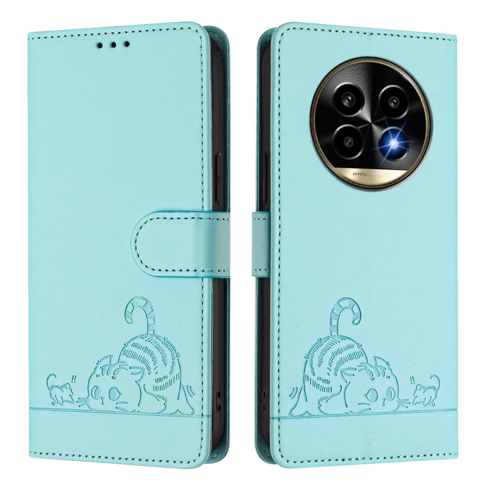 Realme 13 Pro+ 5G Cat and Mouse Embossed PU Leather RFID Case with Wallet Slots, Anti-Fall Protection, Kickstand, and Lanyard-buycases.co.uk