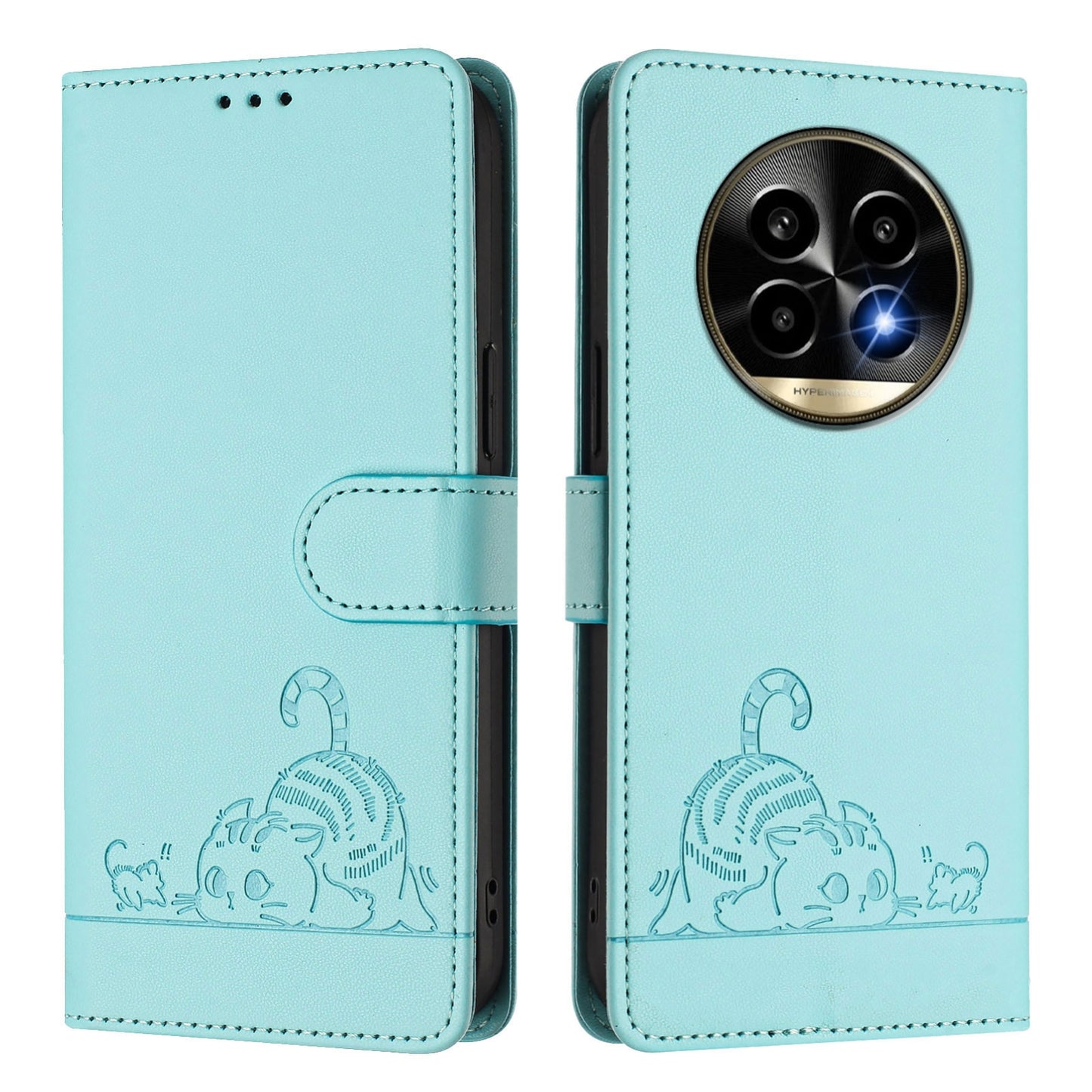 Realme 13 Pro Cat and Mouse Embossed PU Leather RFID Case with Wallet Slots, Anti-Fall Protection, Kickstand, and Lanyard-buycases.co.uk