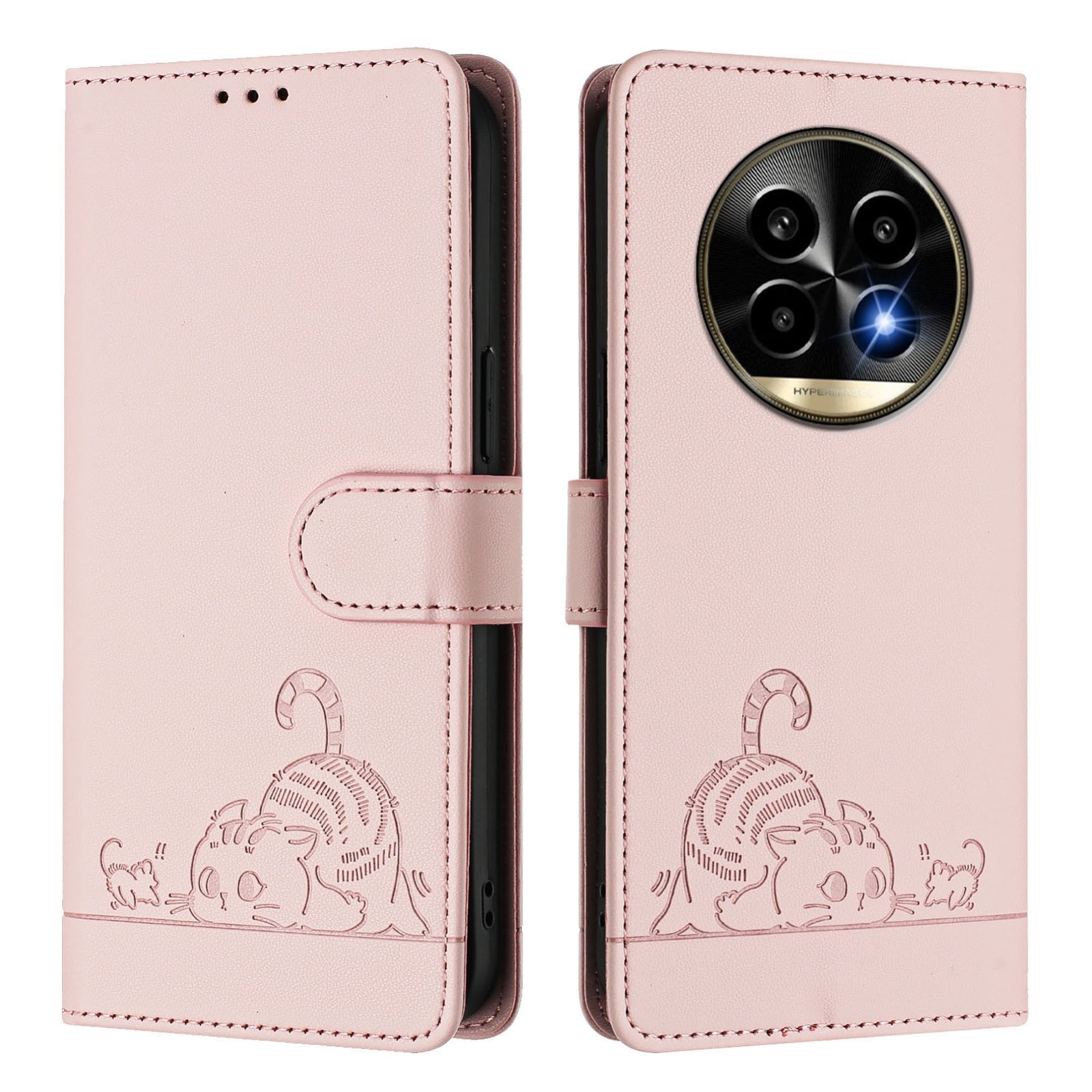 Realme 13 Pro Cat and Mouse Embossed PU Leather RFID Case with Wallet Slots, Anti-Fall Protection, Kickstand, and Lanyard-buycases.co.uk