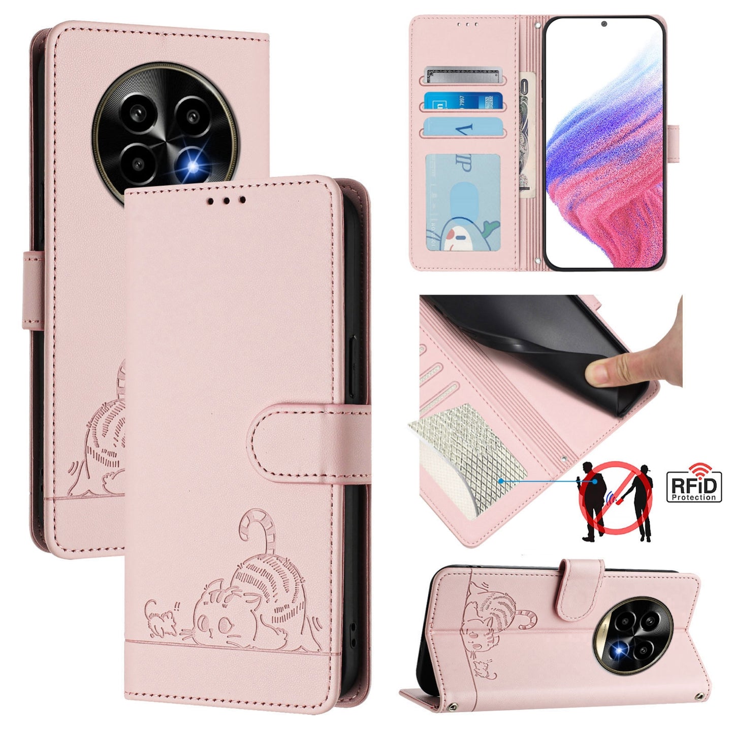 Realme 13 Pro Cat and Mouse Embossed PU Leather RFID Case with Wallet Slots, Anti-Fall Protection, Kickstand, and Lanyard-buycases.co.uk