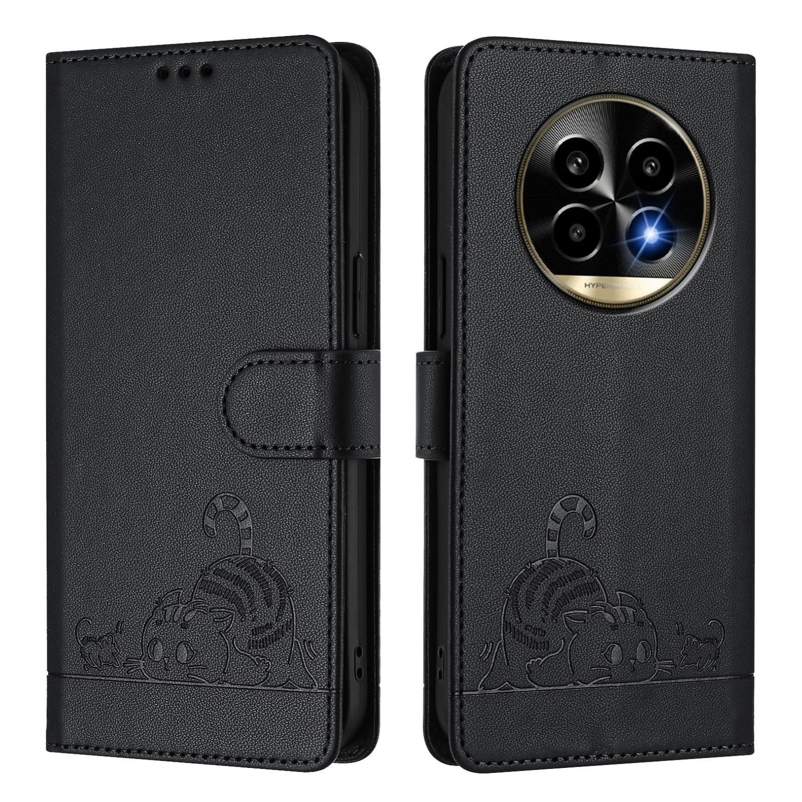 Realme 13 Pro+ 5G Cat and Mouse Embossed PU Leather RFID Case with Wallet Slots, Anti-Fall Protection, Kickstand, and Lanyard-buycases.co.uk