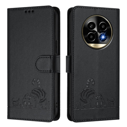 Realme 13 Pro Cat and Mouse Embossed PU Leather RFID Case with Wallet Slots, Anti-Fall Protection, Kickstand, and Lanyard-buycases.co.uk