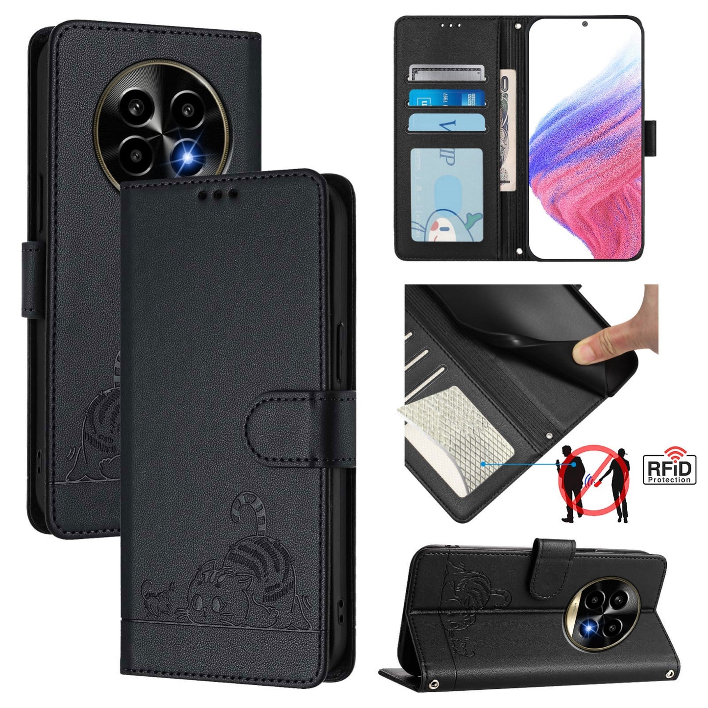 Realme 13 Pro Cat and Mouse Embossed PU Leather RFID Case with Wallet Slots, Anti-Fall Protection, Kickstand, and Lanyard-buycases.co.uk