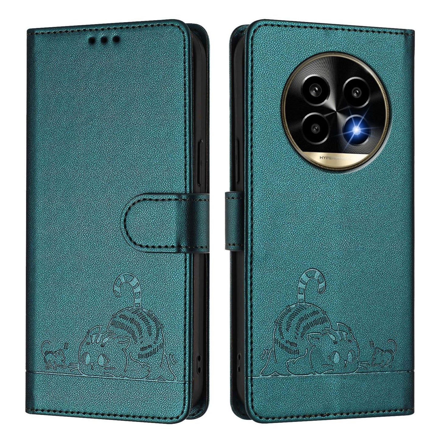 Realme 13 Pro+ 5G Cat and Mouse Embossed PU Leather RFID Case with Wallet Slots, Anti-Fall Protection, Kickstand, and Lanyard-buycases.co.uk