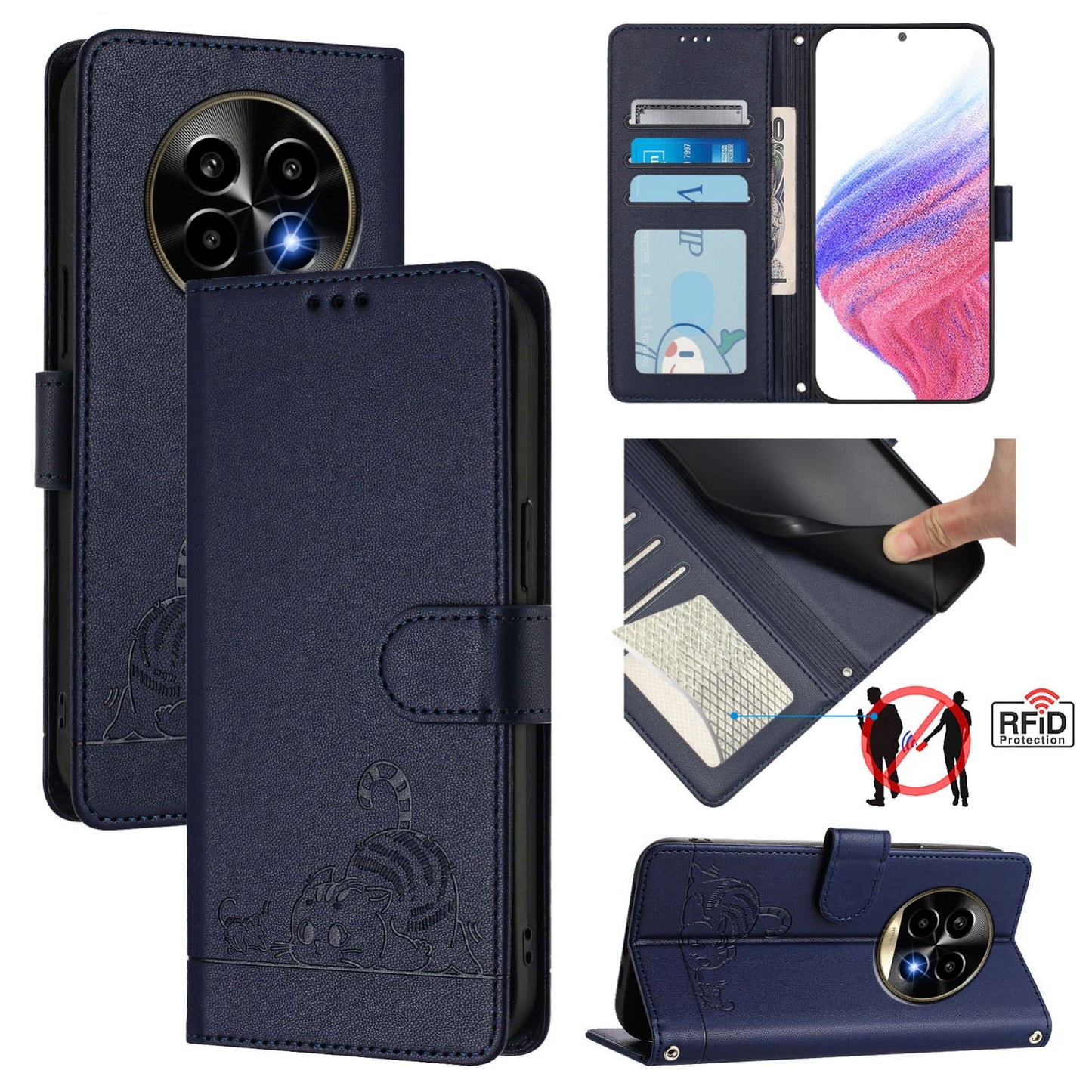 Realme 13 Pro Cat and Mouse Embossed PU Leather RFID Case with Wallet Slots, Anti-Fall Protection, Kickstand, and Lanyard-buycases.co.uk