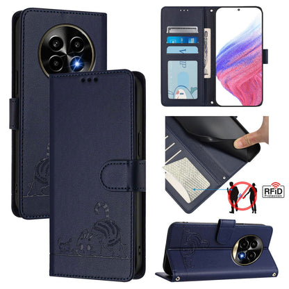 Realme 13 Pro Cat and Mouse Embossed PU Leather RFID Case with Wallet Slots, Anti-Fall Protection, Kickstand, and Lanyard-buycases.co.uk