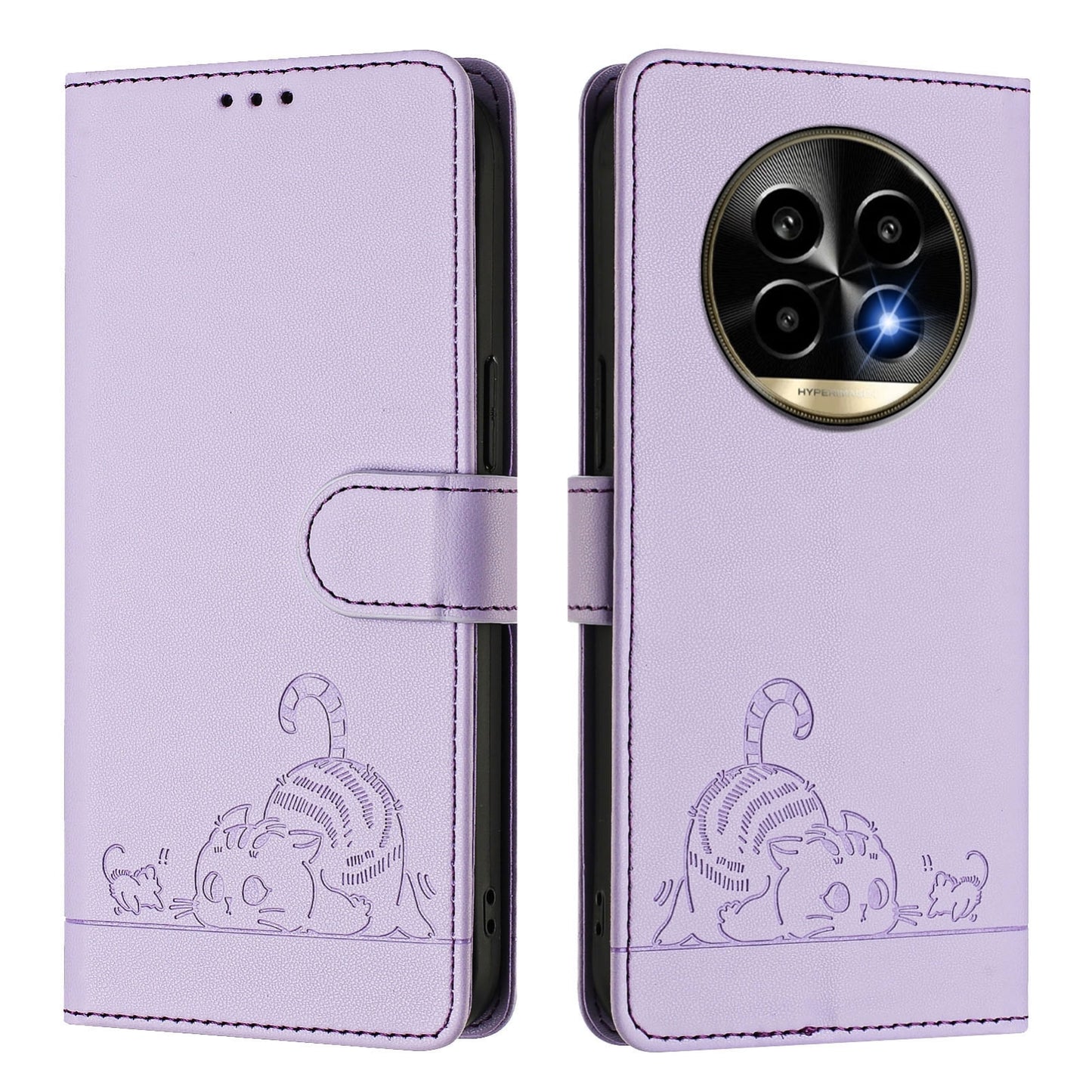 Realme 13 Pro Cat and Mouse Embossed PU Leather RFID Case with Wallet Slots, Anti-Fall Protection, Kickstand, and Lanyard-buycases.co.uk